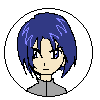 Four circular pixel-art portraits of a character with blue hair and gray clothing, each showing distinct facial expressions and head positions.