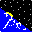Blue triangular shapes with white patterns, yellow circular elements, and black background with white dots in a