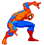 Spider-Man pixel art frames showing sequential crouching poses with orange and blue costume, red boots, white eyes on black mask