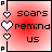 A 3x2 contact sheet of six animated frames showing pixelated text on red backgrounds with white heart symbols along the left edge, forming a sequence about scars and emotional vulnerability.