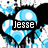Pixelated blue and white abstract shape with black background and white text reading 'Jesse' in blocky font.