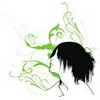 Green and white swirling vine-like patterns with a black silhouette of a figure's head and hair on a white background.