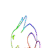 Four distinct rabbit poses rendered as colorful line art with green, blue, purple, and brown outlines on white background.