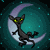 Pixelated cat with yellow eyes perched on a crescent moon against a teal starry background, alternating between two poses.
