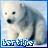 Pixelated icon of a light-colored dog with dark eyes and nose, standing against a blurred background with blue border and text at bottom.