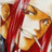Pixelated anime-style character with red hair and white headwear, side profile against black background with text.