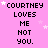 Pink background with repeated text 'COURTNEY LOVES ME NOT YOU.' in black pixelated font, scattered white stars.