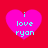 Four pink hearts on red background with cyan text 'i love ryan' in pixelated font, each heart showing slight variation in pixelation and alignment.