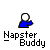 Pixelated character in blue hoodie with white face and blue headphones, hand raised in greeting, text _Napster Buddy below