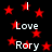 Black background with red stars and white text reading Love and Rory in pixelated font.