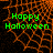 Green 'Happy Halloween' text on orange webbed background with visible pixelation and partial gray overlay.