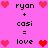 Pixel art on pink background shows text equations with heart symbols; two of 'ryan + casi = love' appear, each with four hearts in red and pink hues
