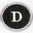 Black oval icon with white border containing large white capital letter D on dark background.