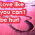 Pixelated image with red text boxes containing white text reading 'Love like you can't be hurt' over a pink and purple gradient background with a dark curved shape.