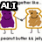 Animated pixel art of two anthropomorphic bread slices holding hands, with text overlays reading "ALI", "LOVES", and "PB&J!!!" on a white background.