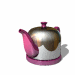 A metallic teapot with pink accents rotates through multiple angles on a white background, showing its spout, handle, and base from various perspectives.