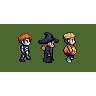 Pixel art animation of three trick-or-treaters walking side-by-side: a skeleton, witch, and pumpkin character on green background.