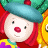 Pixelated cartoon character with red hair, blue beret, and red nose in two animated frames showing slight facial expression changes against a colorful background.