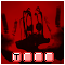 Red-toned image with dark silhouettes of figures holding hands above a central shape, pink pixelated text below.