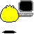 Yellow pixelated character with spiky hair appears in multiple poses with orange mouth, pink cheeks, and black shadow beneath. Blue square icons with symbols appear in background.