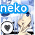 A pixelated anime-style character with light blue hair and a white top, holding a black heart-shaped object near their face under the text 'neko' in blue.