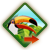 Diamond-shaped icon with green border containing toucan, grass, sky, and red arrow; pixels show no text or motion.