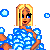 Pixelated character with blonde hair and blue bubble dress in multiple poses, including standing, reclining, and partial views.