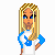Pixel art of a blonde woman with blue eyes wearing a white shirt with blue sleeves and a blue symbol, standing against a white background with four blue text