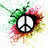 A pixelated peace symbol surrounded by a colorful, abstract splash of green, pink, red, orange, and yellow hues on a white background.
