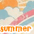 Pixelated image with heart-shaped cloud, pink diagonal streak, orange sky background, and 'summer' text in lowercase letters.