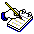 Pixelated unicorn head with yellow horn, blue ears, and checkered white-and-black border on gray background.