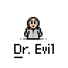 A 4x3 contact sheet of pixel art frames showing a character named Dr. Evil in various poses and expressions with speech bubbles containing text fragments.
