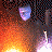 Pixelated animated contact sheet showing two frames of a Blue Man Group performance with blue-painted faces, orange background, and white light effects.