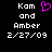 Pixelated text displays 'Kom and Amber 2/27/09' on black background with a pink heart symbol above the date.