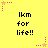 Yellow background with repeated black text 'lkm for life!!' and pink star-shaped pixel art elements.
