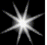 Five star-shaped icons with eight points each, rendered in white and gray on black backgrounds, displayed across two