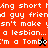 Pixelated text in white on red, brown, and black backgrounds with a small black and orange animated figure.
