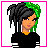 Pixel art character with green-tipped black hair, black top, and pink belt in a of static and animated states showing text variations