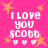 Pixelated pink background with orange stars and white text reading "I LOVE YOU SCOTT" repeated four times, each with three small hearts below.