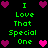 Pixelated green text "I Love That Special One" arranged in a with pink and purple heart icons on black background
