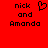 Red background with black pixelated text 'nick and Amanda' on left, a heart symbol above the text; right side shows identical text without the heart.