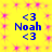 Yellow background with pink starburst patterns, four identical blue text blocks reading '<3 Noah <3' arranged in a