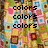 Pixelated icon with repeating text words 'colors', 'love', and 'friends' over a colorful geometric background of squares.