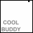 A 5x5 contact sheet of animated frames showing a small black dot moving across the top-right corner of each frame, with "COOL BUDDY" text in gray at the bottom left of every frame on a white background.