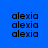 Blue background with repeating 'alexia' text in black pixelated font, overlaid by light blue rectangular blocks shifting across the