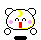 Four pixel-art character poses on gray background: white rounded head with yellow crescent, pink blush marks, black eyes, and red mouth in first pose; second shows side view with one eye visible; third is blank face; fourth has open mouth.