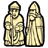 Two pixelated chess pieces in beige and brown tones stand side-by-side against a gray background, each with distinct head shapes and body proportions.
