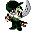 Pixel art character with green bandana and white shirt holding sword and microphone, displayed in three of three identical frames