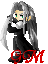 Pixelated character with long gray hair and green eyes in black outfit, arms crossed, standing against gray background with red text overlays.
