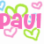A static image with repeated pink 'PAUL' text and green, blue, and pink heart outlines on a white background.